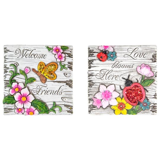 34739311 7 in. Love Blooms & Welcome Friends Floral Outdoor Garden Stones - Set of 2